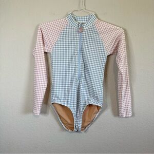 J Crew Crewcuts Pink Blue Gingham Zip Up Rash Guard One Piece UPF 50+ Swimsuit